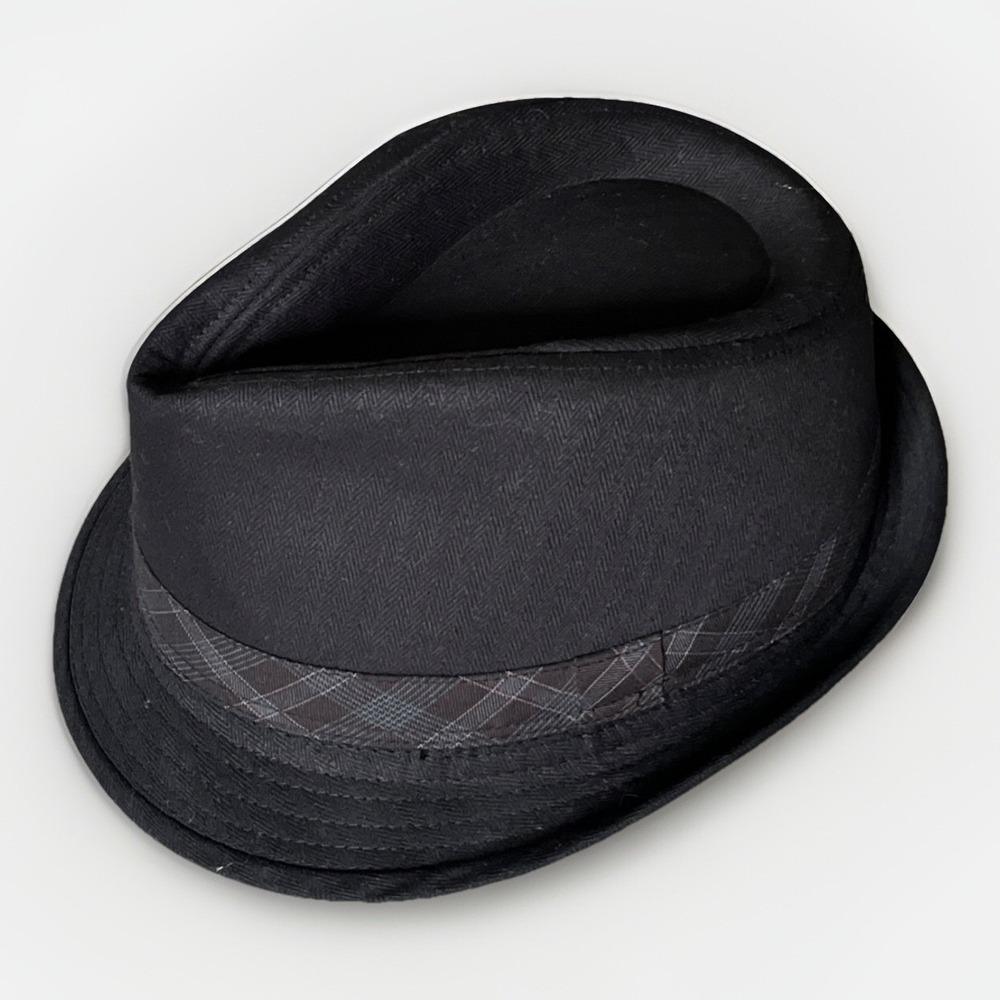 Vintage Stone Charcoal Gray Fedora Bucket Hat With Plaid Trim Men's S/M